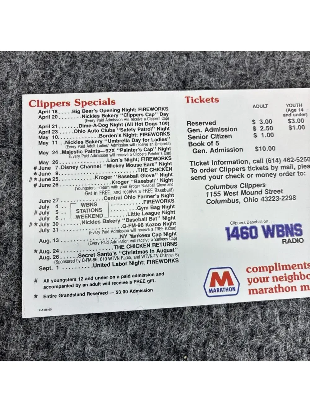 Vintage 1986 Columbus Clippers Pocket Schedule Marathon Gas 10th Anniversary